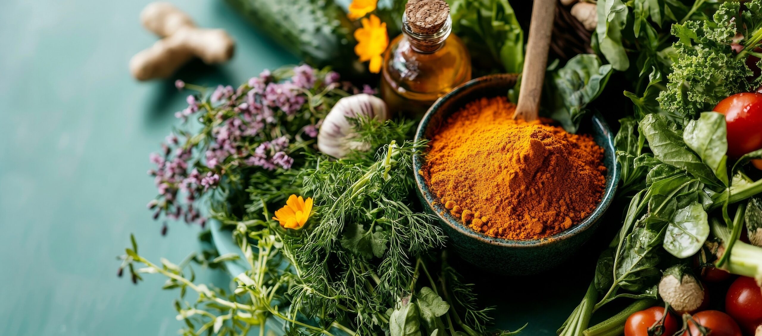 A holistic approach to medicine involves consuming healthy foods, taking dietary supplements, and utilizing healing herbs and flowers, such as turmeric, dried lavender, and spirulina powder, along